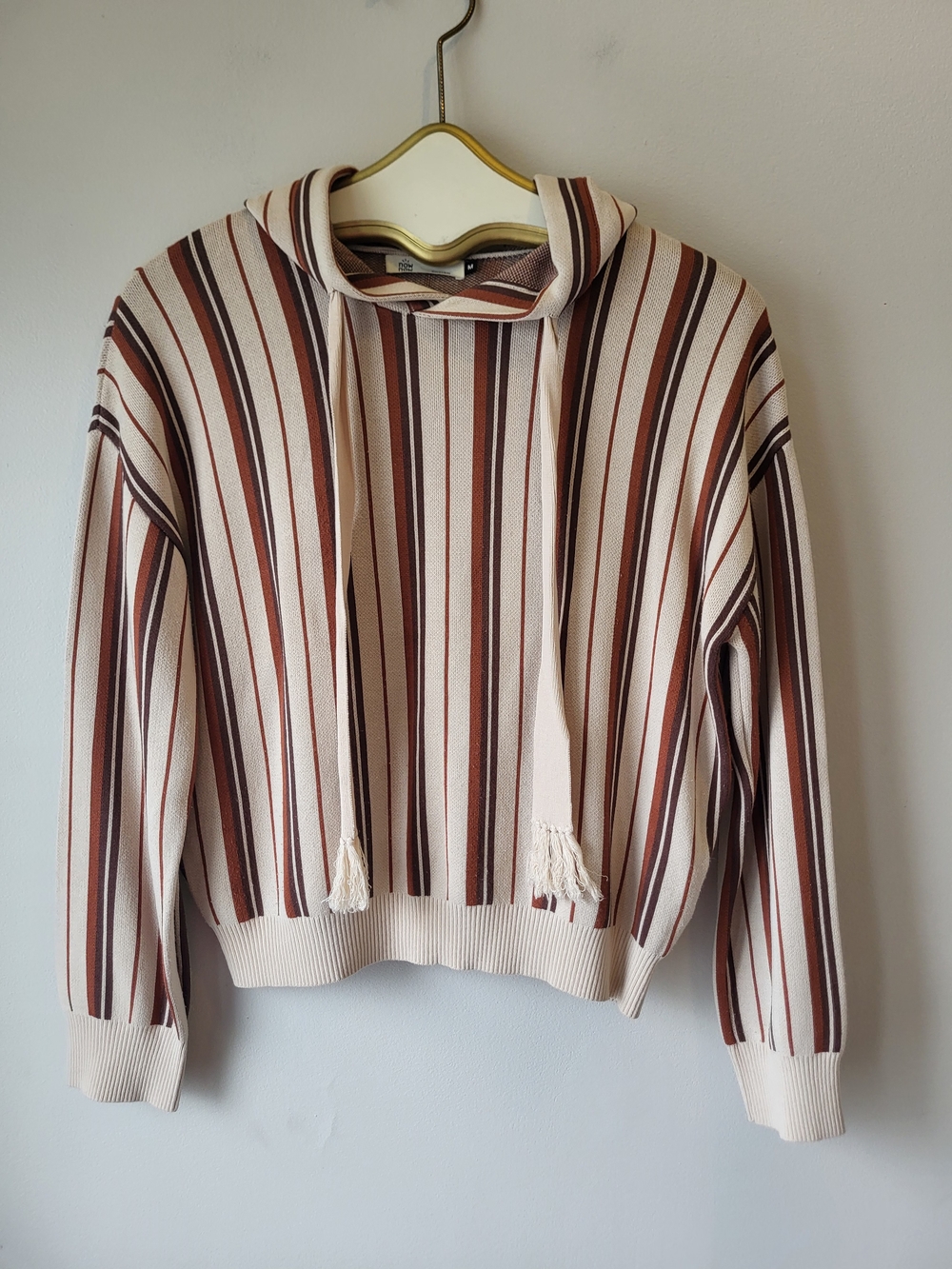 Striped Hooded Pullover Boho 70s Knit Sweater in Cream and Brown
